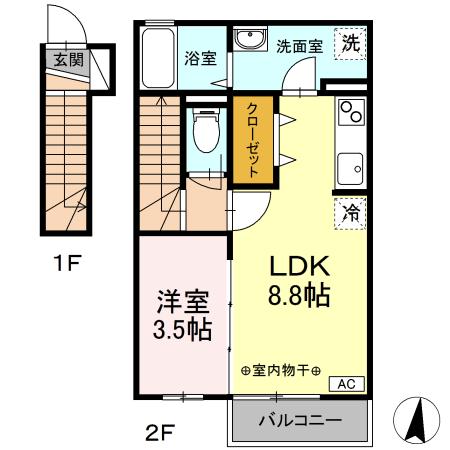 Ｄ－ｒｏｏｍ　Ⅰ 201｜岩手県盛岡市向中野２丁目(賃貸アパート1LDK・2階・34.90㎡)の写真 その2