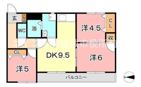 デューク白楽町Ⅰ｜岡山県倉敷市白楽町(賃貸マンション3DK・2階・59.46㎡)の写真 その2