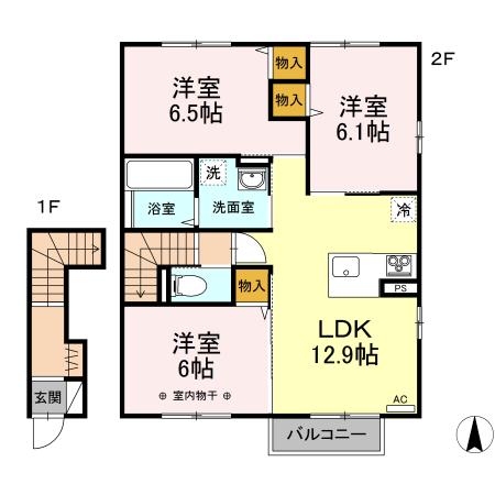 シャンピア　Ａ 206｜福島県福島市森合字的場(賃貸アパート3LDK・2階・72.80㎡)の写真 その2