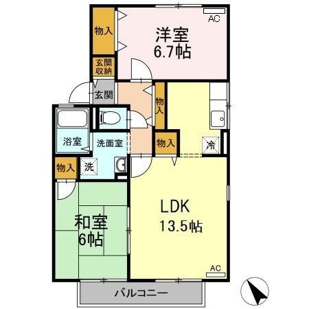 ハイカムール矢田 201｜山口県山口市大内矢田北６丁目(賃貸アパート2LDK・2階・59.58㎡)の写真 その2