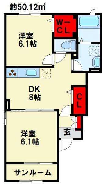 ボヌールＫＭ　Ｂ棟 101｜福岡県行橋市行事１丁目(賃貸アパート2DK・1階・50.12㎡)の写真 その2