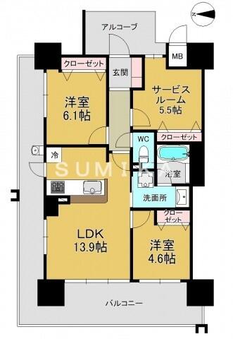 アルファステイツ西川緑道公園｜岡山県岡山市北区田町２丁目(賃貸マンション3LDK・4階・66.97㎡)の写真 その2