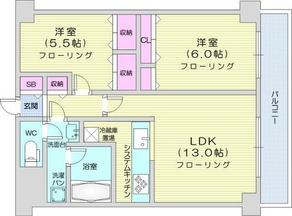 クレストコート宮の森｜北海道札幌市中央区宮の森二条５丁目(賃貸マンション2LDK・2階・57.60㎡)の写真 その2