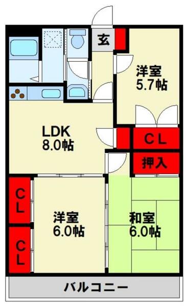 ガーデンフォレストノースウィング 406｜福岡県直方市大字感田(賃貸マンション3LDK・4階・65.78㎡)の写真 その2