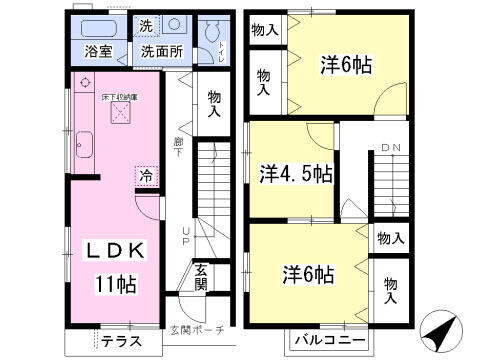 1階はリビングと水周り・2階は洋室3部屋です