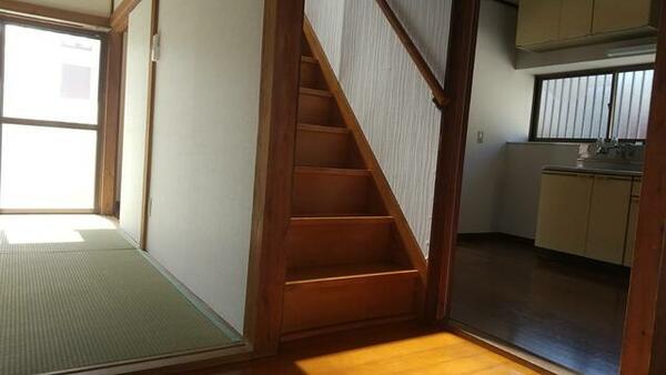 階段が真ん中、左に和室、右にキッチン、リビング