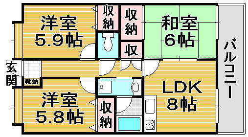 ベルクール 201｜福岡県福津市宮司１丁目(賃貸マンション3LDK・2階・59.40㎡)の写真 その2