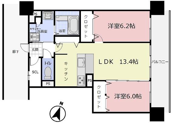 広島県福山市三之丸町(賃貸マンション2LDK・9階・62.26㎡)の写真 その2