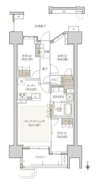 プラウド一宮｜愛知県一宮市栄１丁目(賃貸マンション3SLDK・2階・68.10㎡)の写真 その2