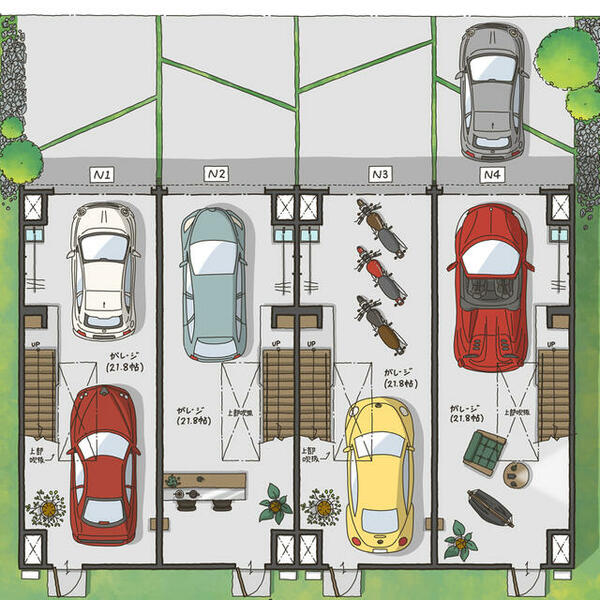 画像6:全邸ガレージ内に２台、外に１台合計３台駐車可能。ガレージ内に電気自動車用の２００Ｖコンセントを装備