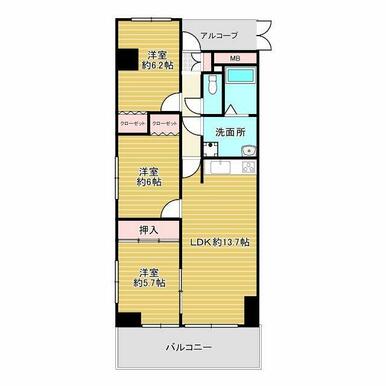 内法19.93坪、バルコニー3.38坪の3LDKです。収納スペースが確保でき、ご家族様専用の部屋を作れる間取りで