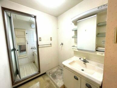 洗面台と洗濯機置き場がコンパクトにまとまった実用的な脱衣スペース。鏡周りには収納棚も備え付けられてお