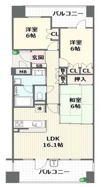 「６帖×３部屋」ムダのない、憧れの間取り！ゆったりバルコニーも含めて、リビングとして使えます。