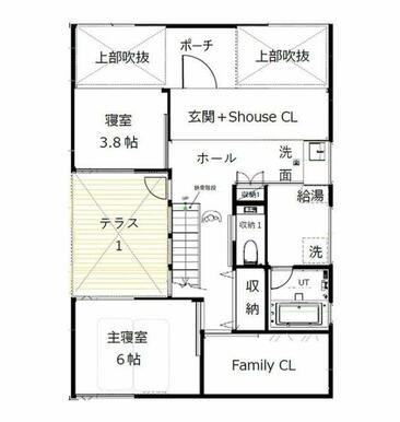 １階は玄関、UT、浴室、トイレ、主寝室、子供部屋、ファミリークローゼット、テラス