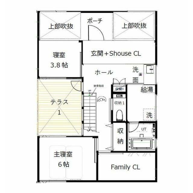 １階は玄関、UT、浴室、トイレ、主寝室、子供部屋、ファミリークローゼット、テラス