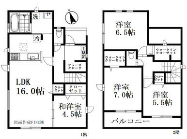 １階ＬＤＫ１６帖２階洋室ＷＩＣ・全居室収納・全室２面採光　南東２部屋分のバルコニー陽当たり良好