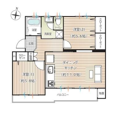 ＬＤＫ（約１１帖）・洋室①（約５．８帖）・洋室②（約５．６帖）
