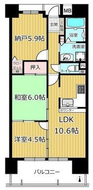 縦長リビングの使いやすい人気の間取りです。洋室４．５帖とＬＤＫの間は可動間仕切り、ＬＤと一体利用可。