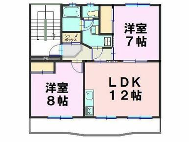 東南角部屋　【間取り】洋室：８帖・７帖，ＬＤＫ：１２帖