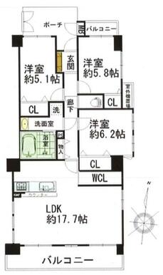 ７階部分の３方（南・東・北）角部屋南北両面バルコニーにつき、陽当り・通風・眺望大変良好です。