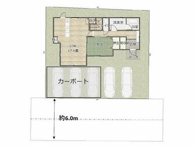 駐車場配置イメージ図です。　並列で５台、ゆったりと駐車できるのでお客さまが来ても安心ですね。