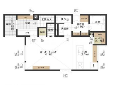 1階間取図。リビングは2.8ｍの高天井。ウォークインの玄関物入等収納を充実させています。