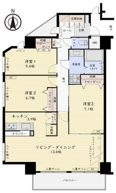 専有面積７９．４６平米　３ＬＤＫ　インナーサッシとブラインド設置済みです