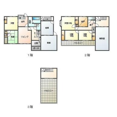 ３階に洗濯もの干す小屋あります。１階は車庫でなく物置２階は１４帖事務所でなく洋間