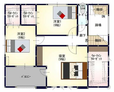 【２Ｆ間取図】全部屋にウォークインクローゼット完備。収納力のある間取りです。