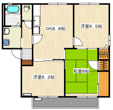 ６帖の和室と６．２帖と６．５帖の洋室と８．８帖のダイニングルームといった３ＤＫの間取りです。