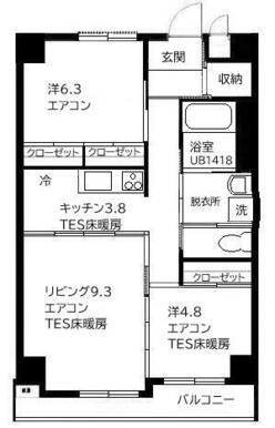 全居室フローリング　エアコン３基　ＴＥＳ床暖房