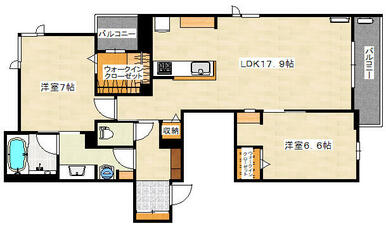 ６．６帖と７帖の洋室と１７．９帖のリビングといった２ＬＤＫの間取りです。