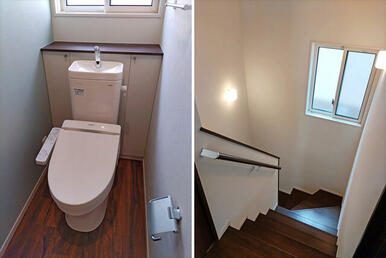 （左）２階温水洗浄暖房便座、（右）階段