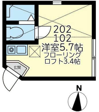 １０２　洋室５．７帖＋ロフト３．４帖・ロフト高１．４ｍ