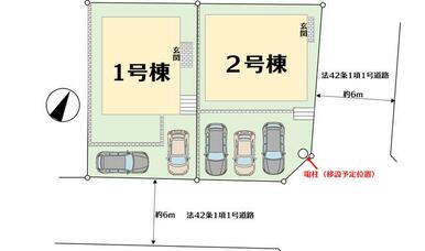 区画図。車はそれぞれ２～３台駐車可能です。