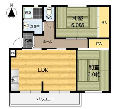 ２ＬＤＫ。専有面積５３．９７平米、バルコニー面積５．００平米。