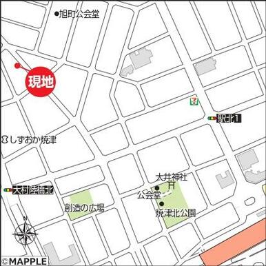 現地案内図（ナビ検索は焼津市駅北３丁目２１－１６付近で検索して下さい。）