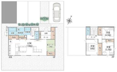１９帖の広々ＬＤＫに寄り添う３帖の畳コーナーが心地よく、家族時間をゆったり楽しめる３ＬＤＫ。