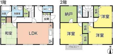 1階はLDK13帖・和室6帖、2階は洋室6帖、6.75帖、9.5帖と納戸があり、収納も十分にあります