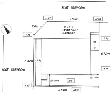 配置図　北西約６ｍ幅と北東約４ｍ幅の道路の角地です。明るく開放感や眺望、風通しなどに優れた立地です！