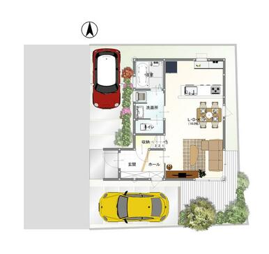 【ご提案プラン】間取り完成予想図（１Ｆ）　※車・植栽・家具はイメージです。付属していません。