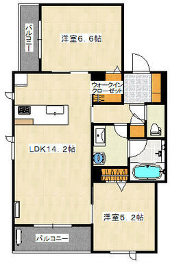 ５．２帖と６．６帖の洋室と１４．２帖のリビングルームといった２ＬＤＫの間取りです。