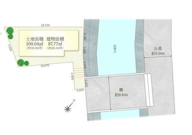 【配置図】風光明媚な比留川の畔に建つ、コンパクトな４ＬＤＫ＋サンルームです。