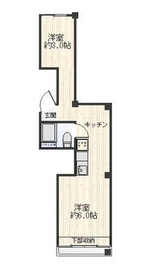 ２ＤＫ　賃料５．９万円　管理費４０００円　専有面積２８．２３㎡