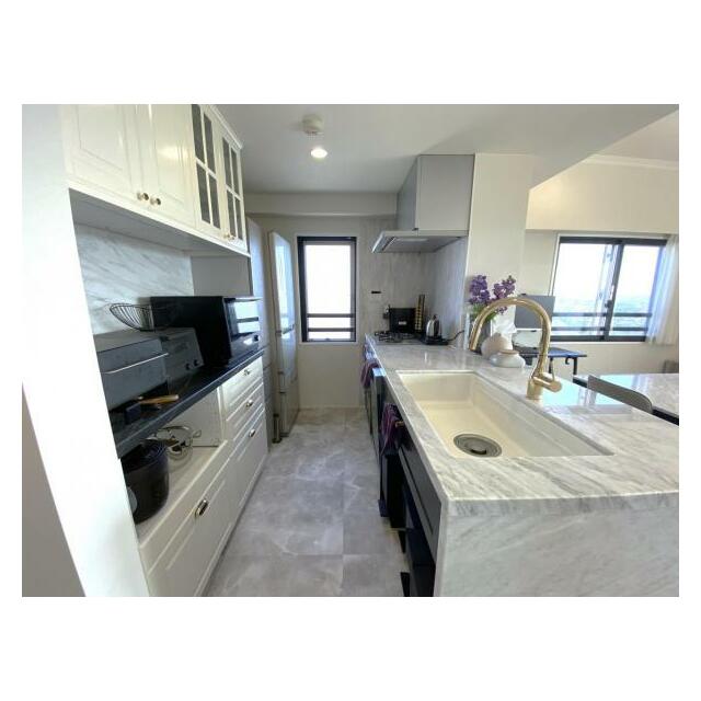 贅沢に大理石天板をあしらったオーダーキッチン。背面収納も充実しており雑多なものを隠すことができます。