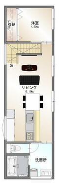 〈２Ｆ〉長方形の広々ＬＤＫ。水回りがまとまっていて家事同線ばっちり！