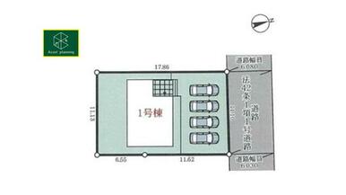 区画の全体図です。前面道路は６ｍ・各棟並列駐車で４台分の駐車スペース有り。