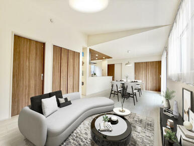 【(1)号棟イメージ】実際の室内写真に家具等を配置したCG画像です。家具付き販売ではございません。