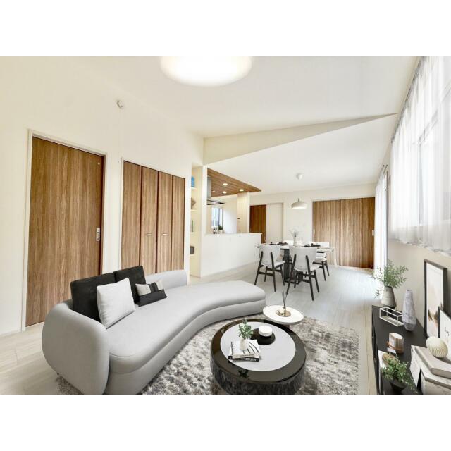 【(1)号棟イメージ】実際の室内写真に家具等を配置したCG画像です。家具付き販売ではございません。