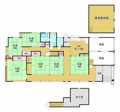 地下室・屋根裏部屋付の6DK。多目的スペースが豊富な間取り
